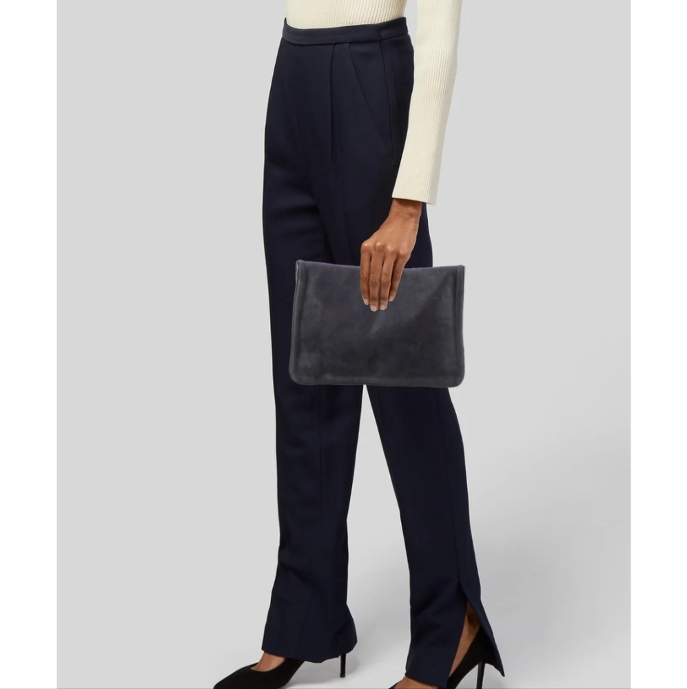 WOMEN'S THEORY NAVY BLUE LEATHER TRIMMED SUEDE FLAP CLUTCH BAG PURSE $300
